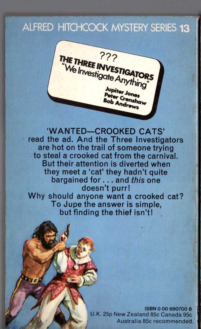 Alfred Hitchcock (introduces_The_Three_Investigators) THE SECRET OF THE CROOKED CAT magnified rear book cover image