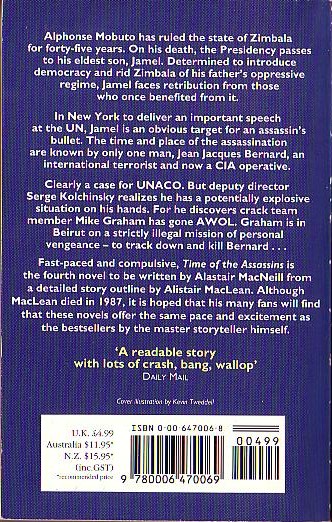 Alistair MacLean ALISTAIR MacLEAN'S TIME OF THE ASSASSINS<BR>
 . .Fontana 1992 (422pp) magnified rear cover image