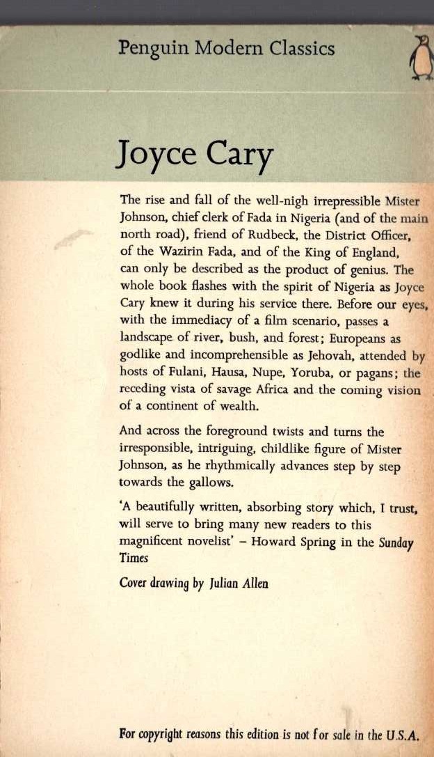 Joyce Cary  MISTER JOHNSON magnified rear book cover image