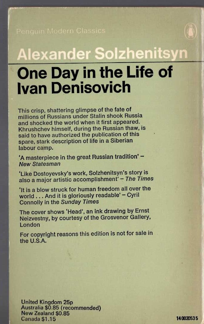 Alexander Solzhenitsyn  ONE DAY IN THE LIFE OF IVAN DENISOVICH magnified rear book cover image