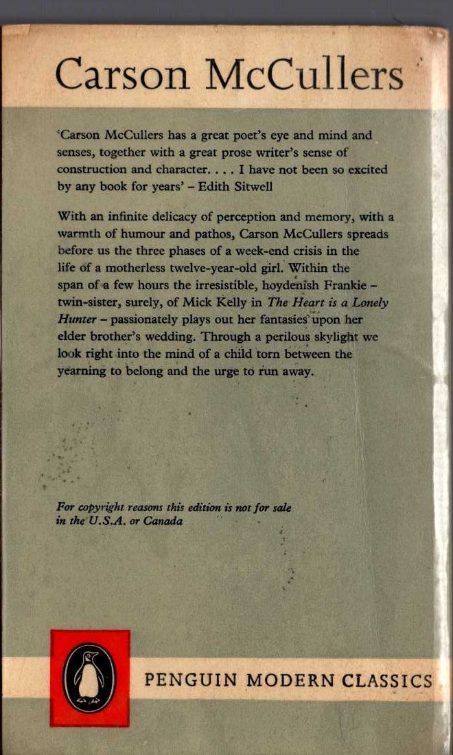 Carson McCullers  THE MEMBER OF THE WEDDING magnified rear book cover image