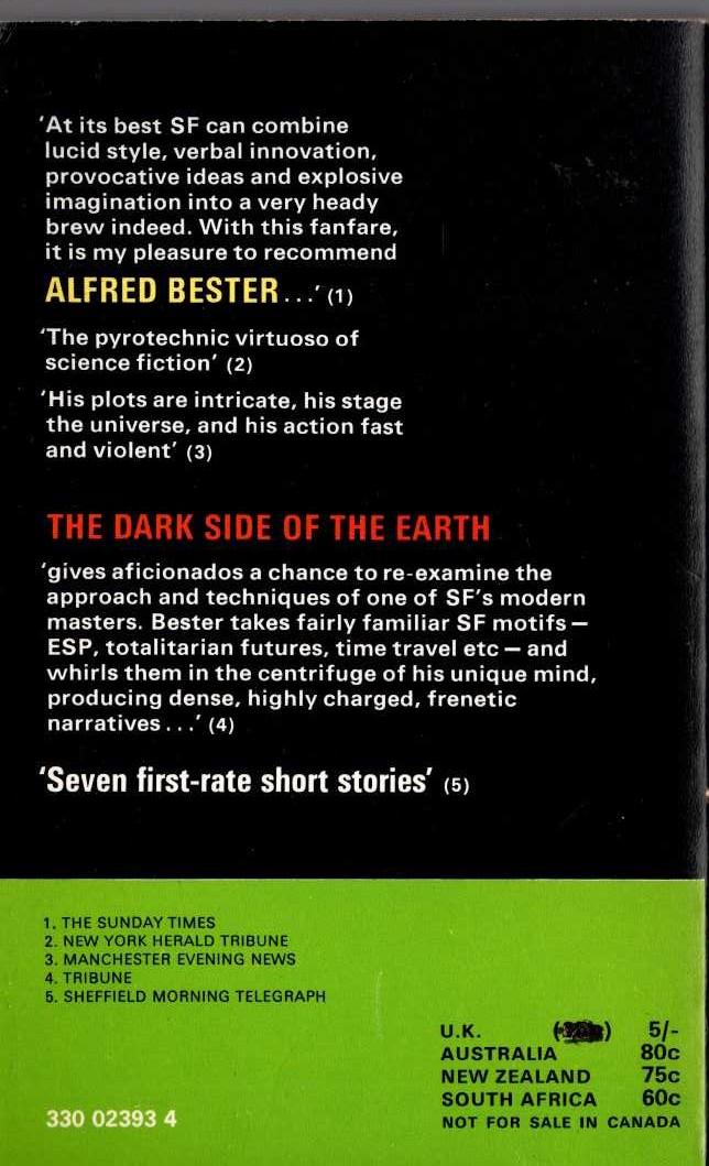Alfred Bester  THE DARK SIDE OF THE EARTH magnified rear book cover image