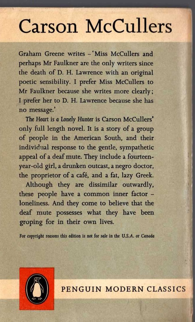 Carson McCullers  THE HEART IS A LONELY HUNTER magnified rear book cover image