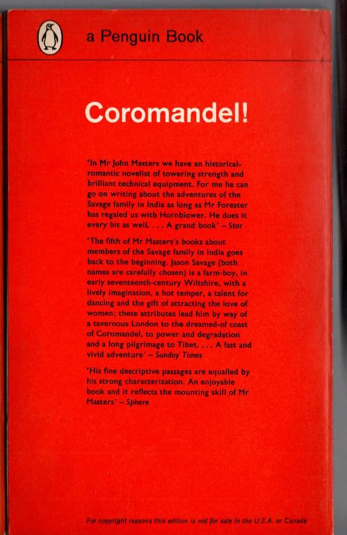 John Masters  COROMANDEL! magnified rear book cover image