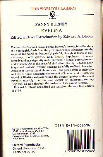 Fanny Burney  EVELINA magnified rear book cover image
