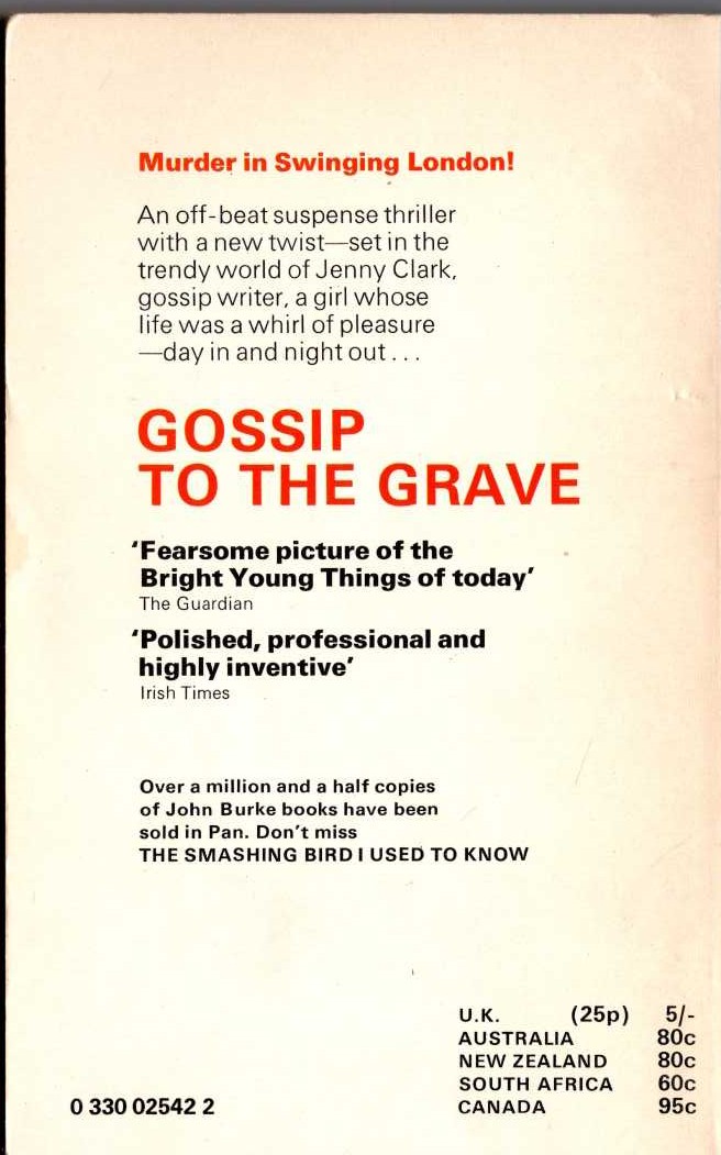 John Burke  GOSSIP TO THE GRAVE magnified rear book cover image