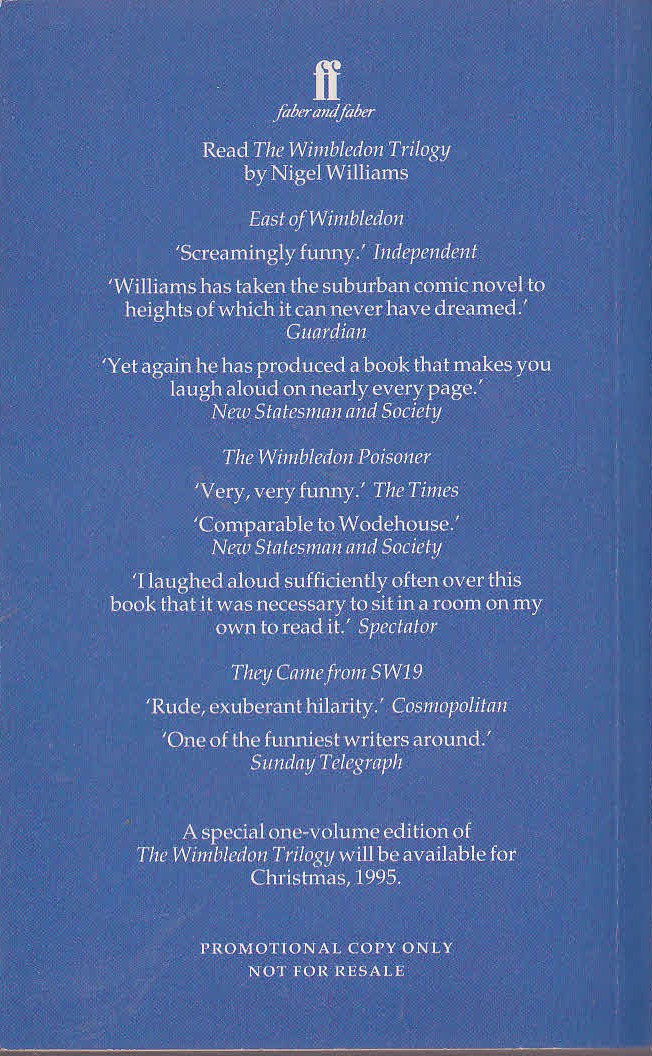 Nigel Williams  EAST OF WIMBLEDON magnified rear book cover image