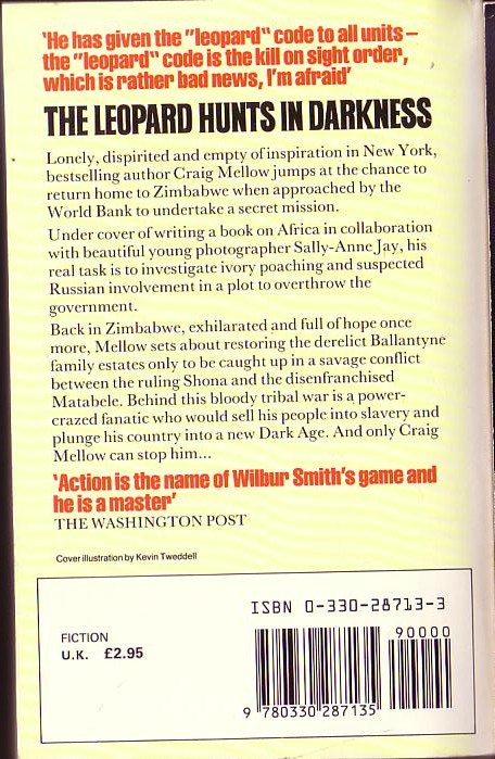 Wilbur Smith  THE LEOPARD HUNTS IN DARKNESS magnified rear book cover image