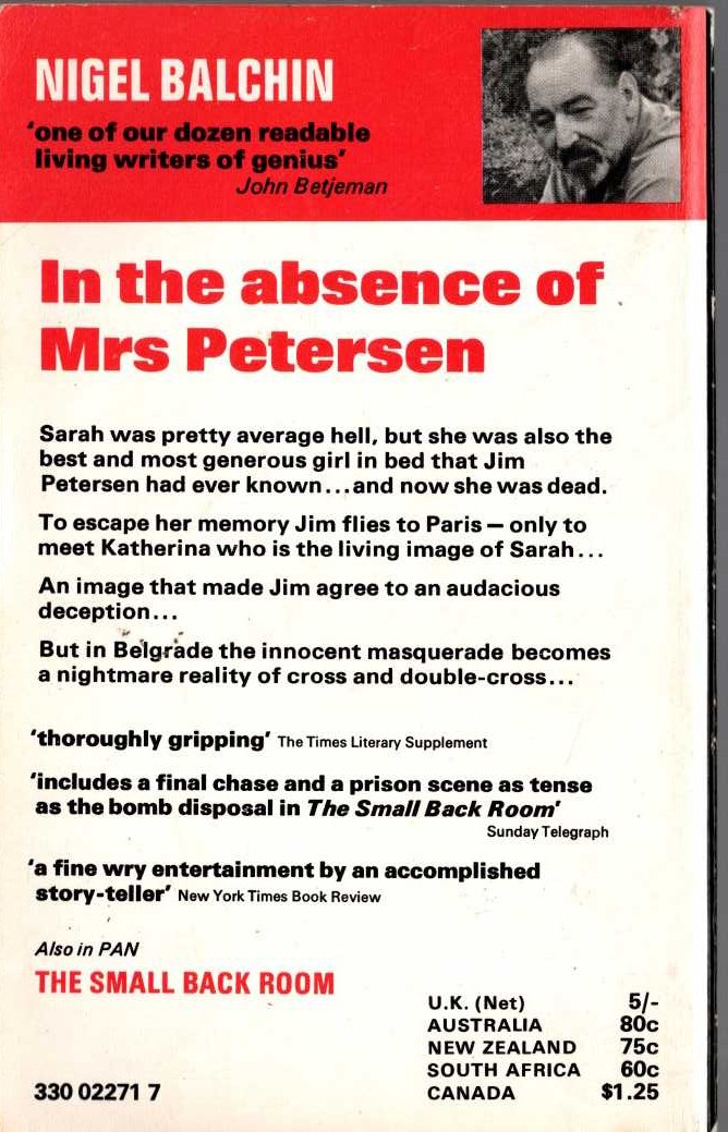 Nigel Balchin  IN THE ABSENCE OF MRS PETERSEN magnified rear book cover image