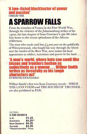 Wilbur Smith  A SPARROW FALLS magnified rear book cover image
