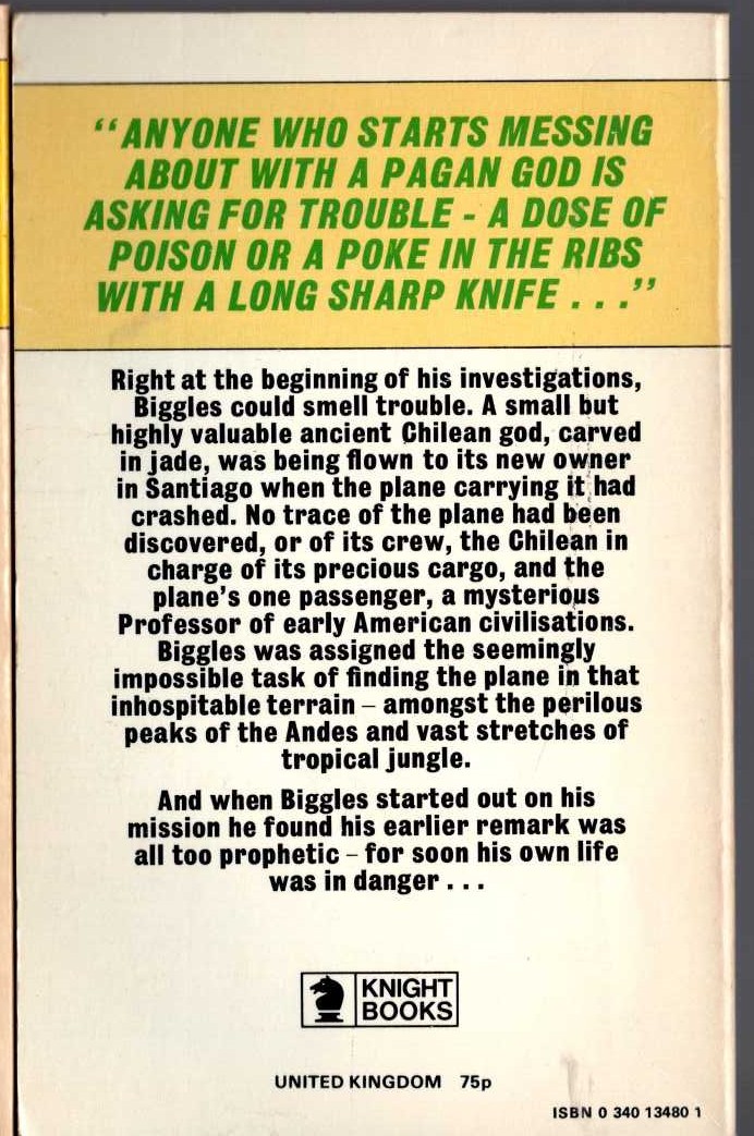 Captain W.E. Johns  BIGGLES AND THE LITTLE GREEN GOD magnified rear book cover image