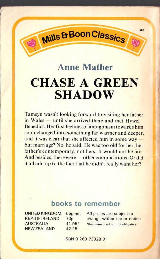 Anne Mather  CHASE A GREEN SHADOW magnified rear book cover image