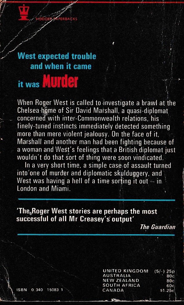 John Creasey  MURDER, LONDON - MIAMI (Roger West) magnified rear book cover image