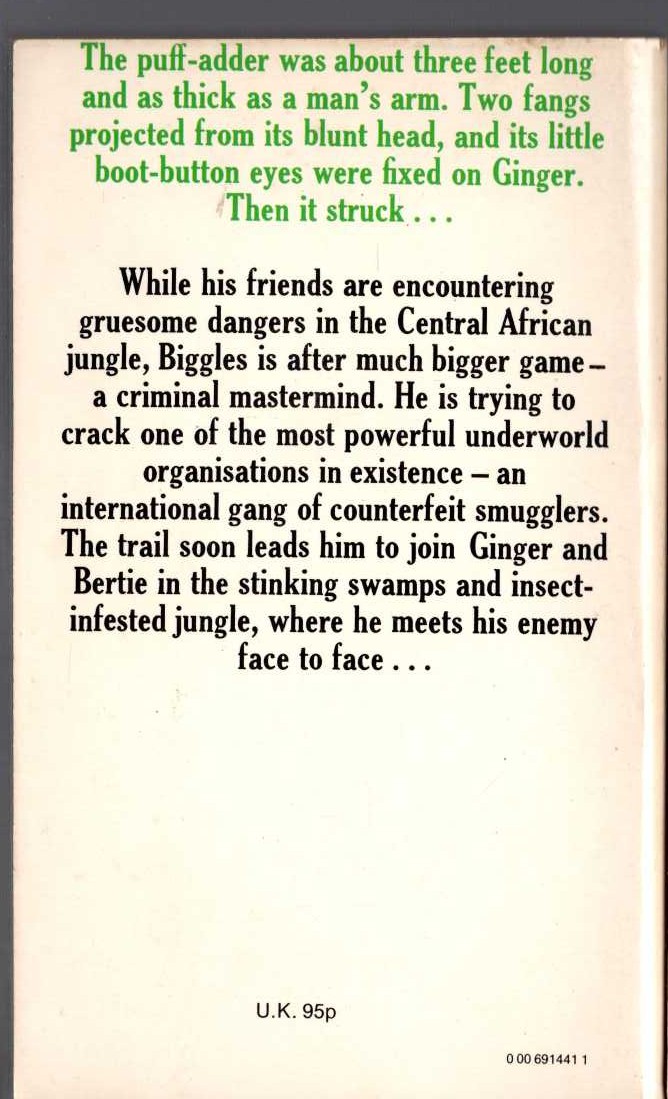 Captain W.E. Johns  BIGGLES HUNTS BIG GAME magnified rear book cover image