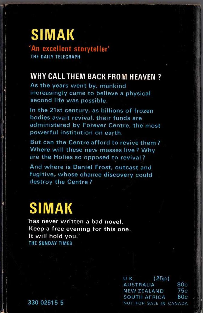 Clifford D. Simak  WHY CALL THEM BACK FROM HEAVEN? magnified rear book cover image