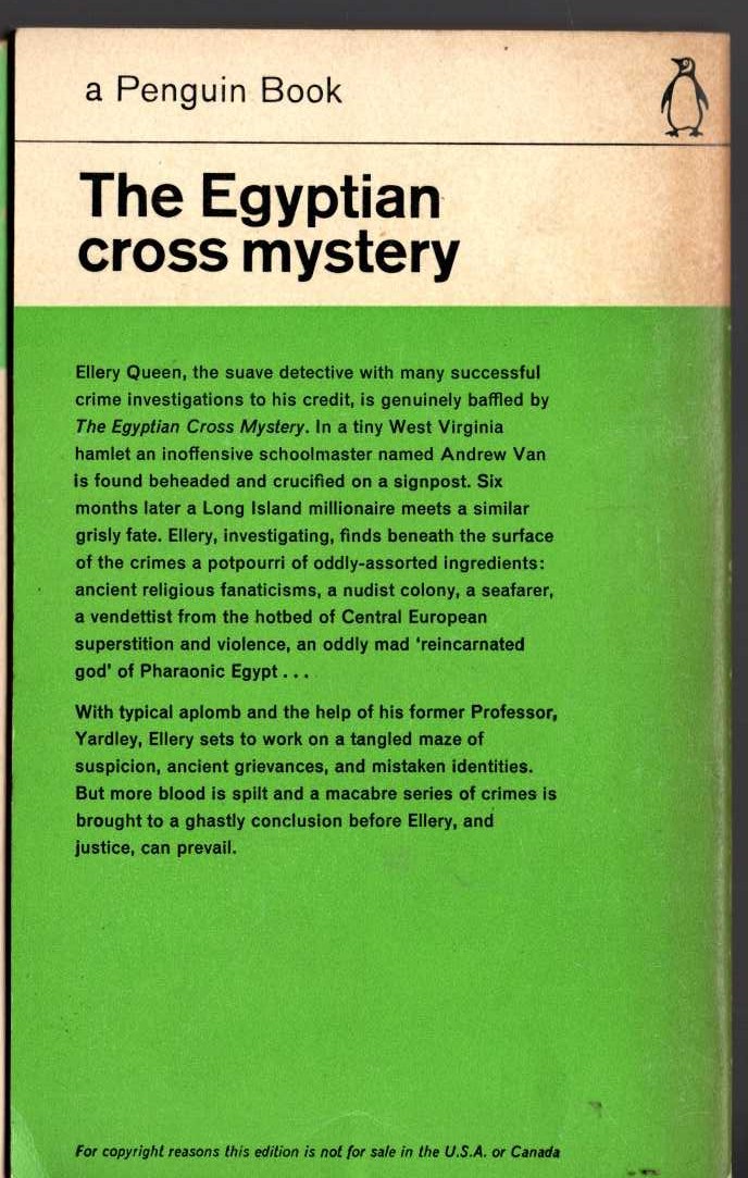 Ellery Queen  THE EGYPTIAN CROSS MYSTERY magnified rear book cover image