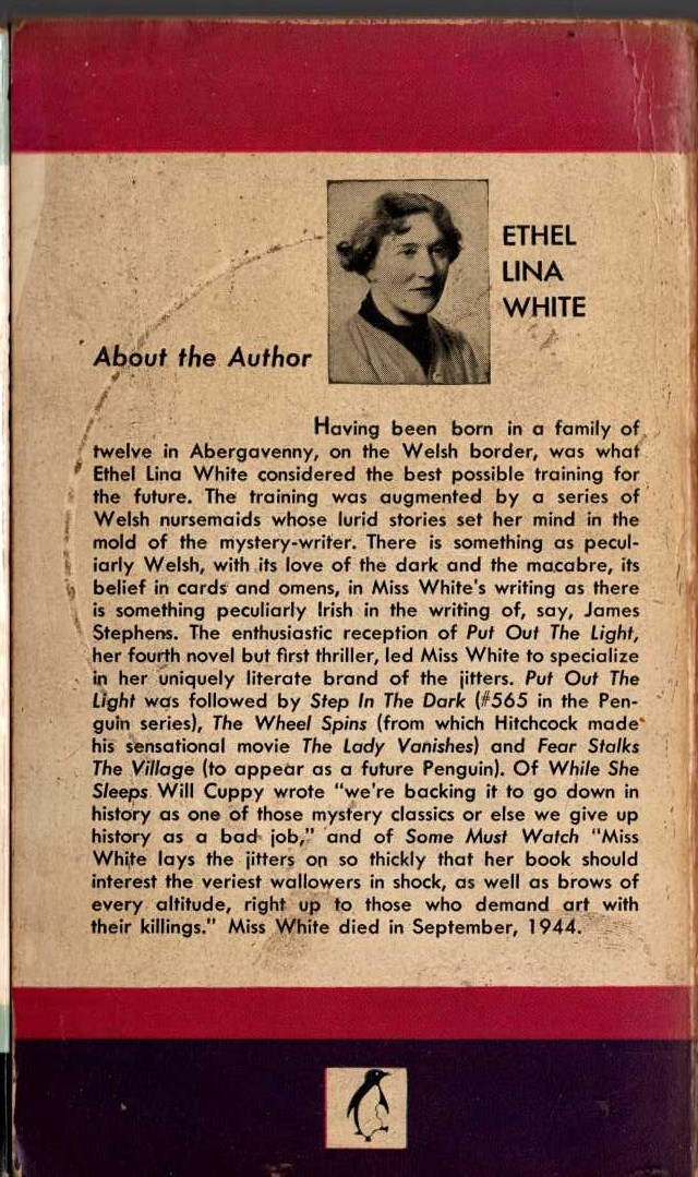 Ethel Lina White  PUT OUT THE LIGHT magnified rear book cover image
