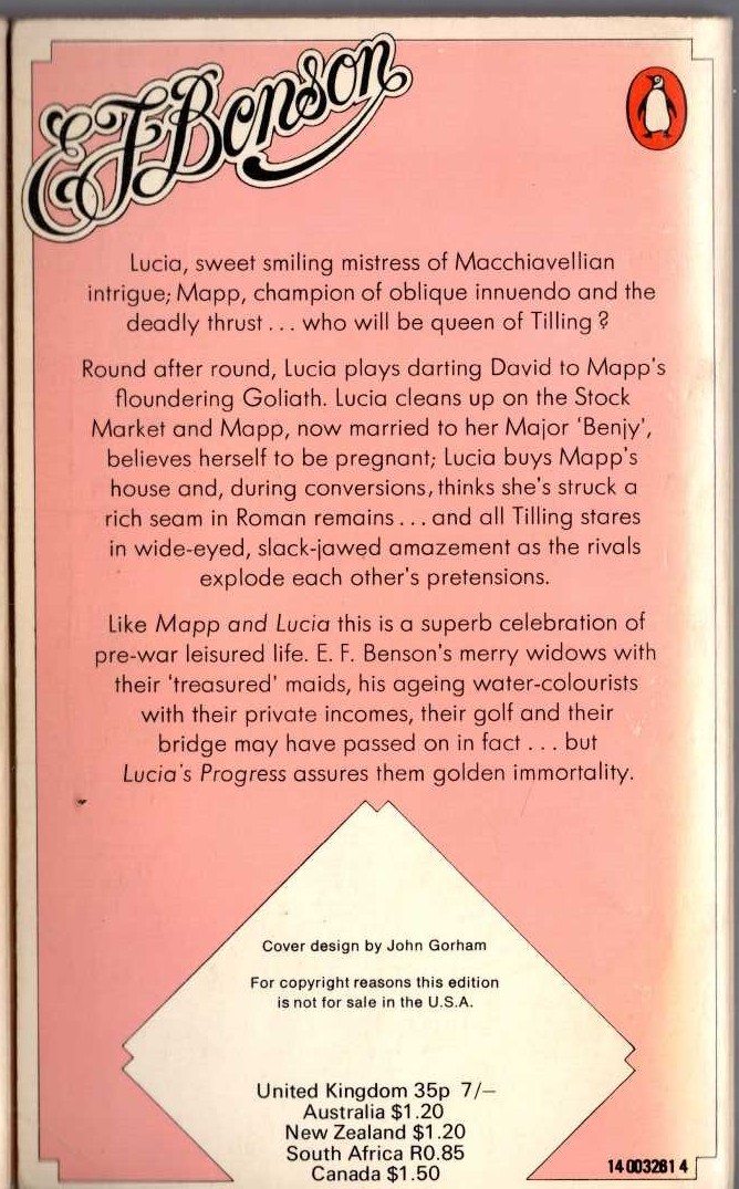 E.F. Benson  LUCIA'S PROGRESS magnified rear book cover image