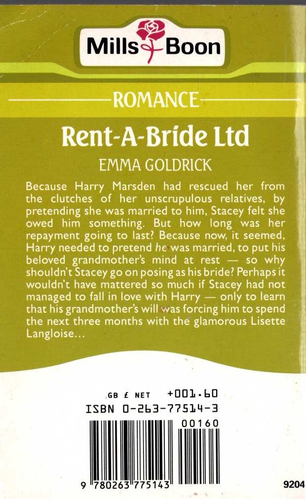 Emma Goldrick  RENT-A-BRIDE LTD magnified rear book cover image