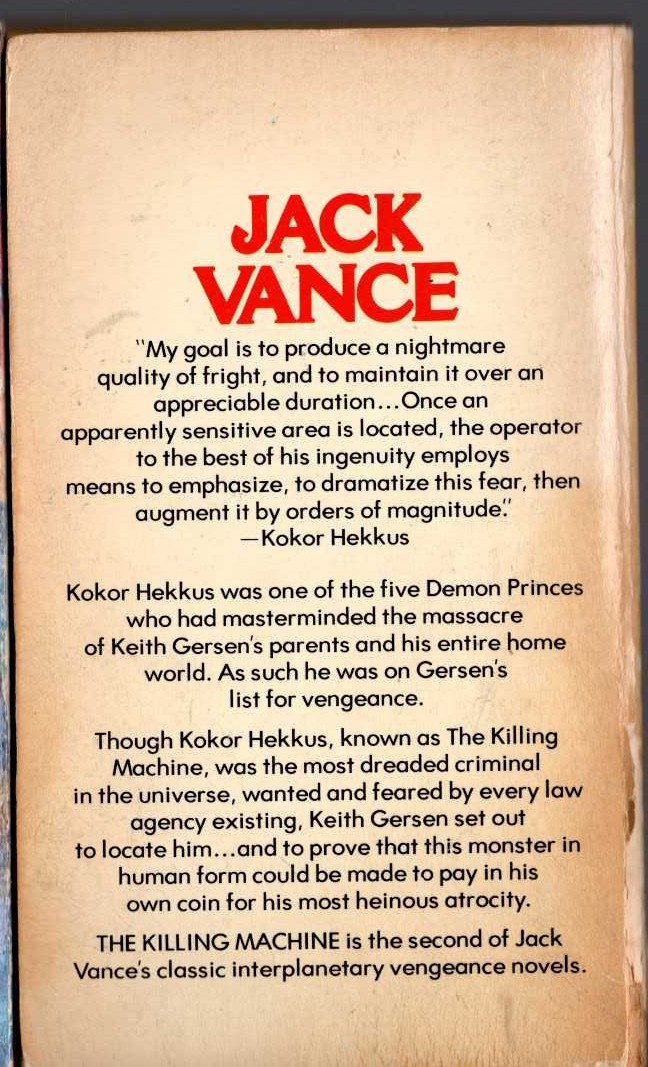 Jack Vance  THE KILLING MACHINE magnified rear book cover image