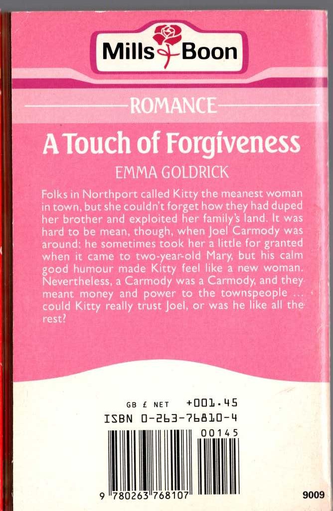 Emma Goldrick  A TOUCH OF FORGIVENESS magnified rear book cover image