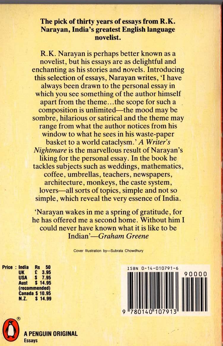 R.K. Narayan  A WRITER'S NIGHTMARE. Selected Essays 1958-1988 magnified rear book cover image