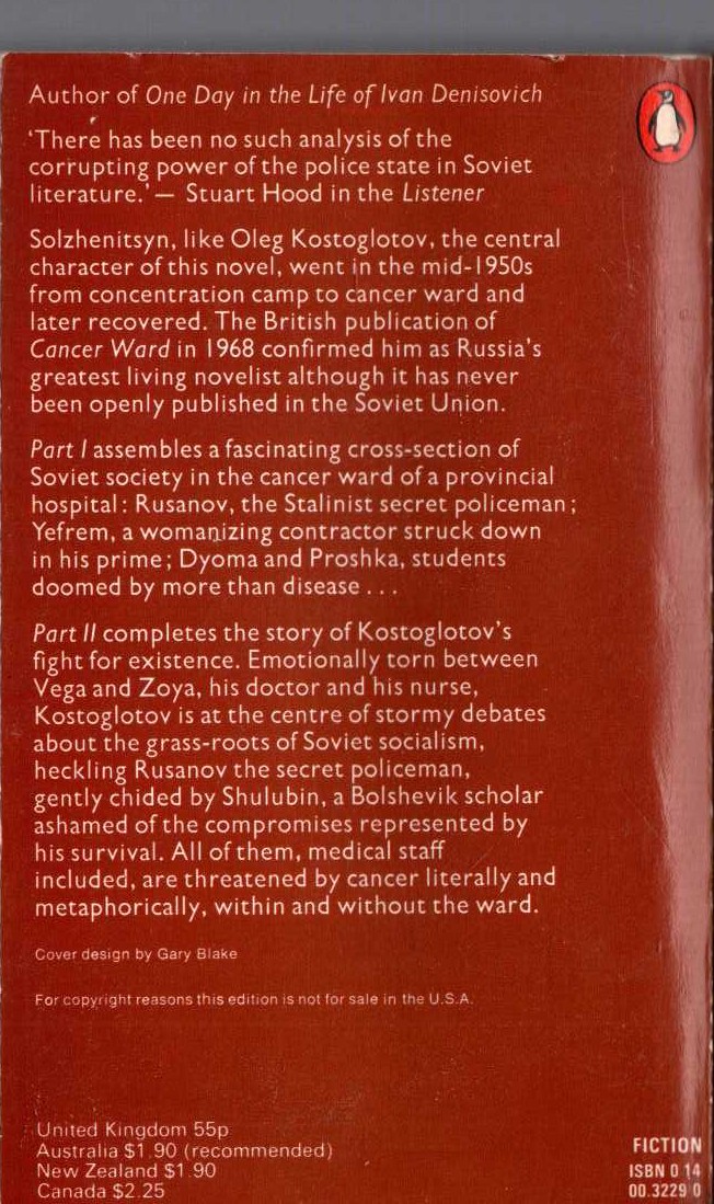 Alexander Solzhenitsyn  CANCER WARD magnified rear book cover image