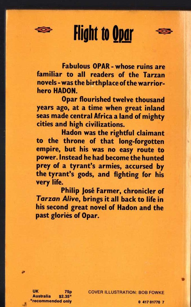Philip Jose Farmer  FLIGHT TO OPAR magnified rear book cover image