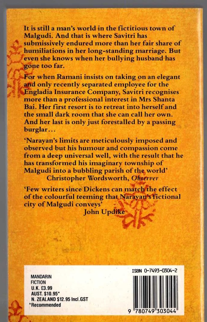 R.K. Narayan  THE DARK ROOM magnified rear book cover image