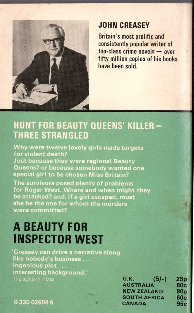John Creasey  A BEAUTY FOR INSPECTOR WEST magnified rear book cover image