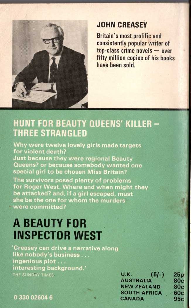 John Creasey  A BEAUTY FOR INSPECTOR WEST magnified rear book cover image
