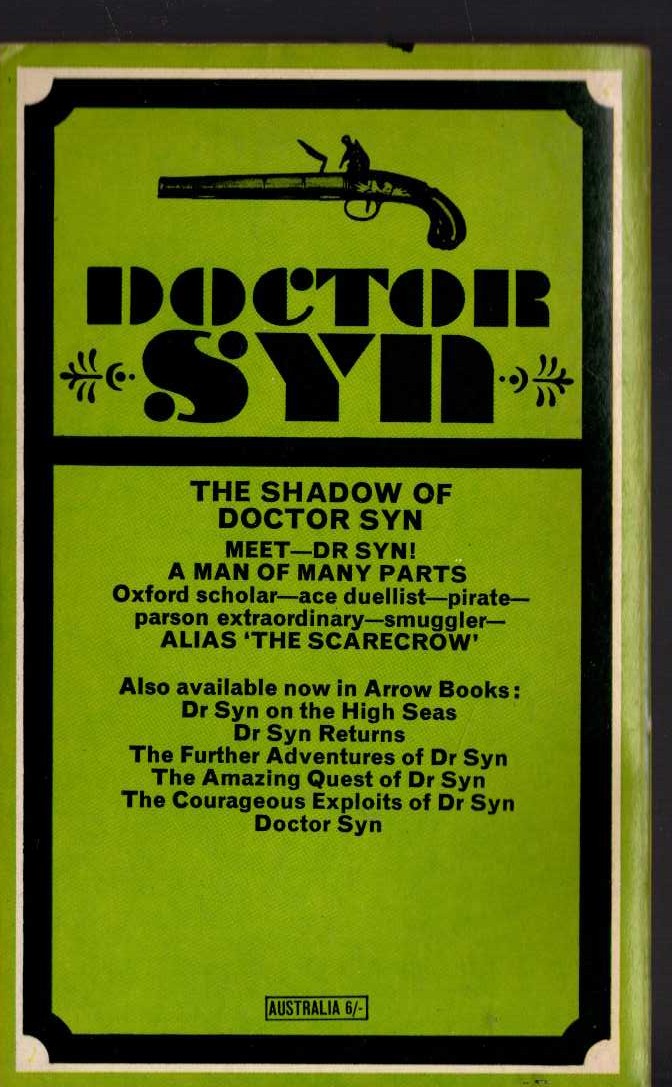 Russell Thorndike  THE SHADOW OF DOCTOR SYN magnified rear book cover image