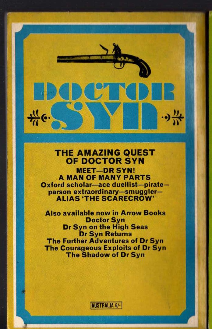 Russell Thorndike  THE AMAZING QUEST OF DOCTOR SYN magnified rear book cover image