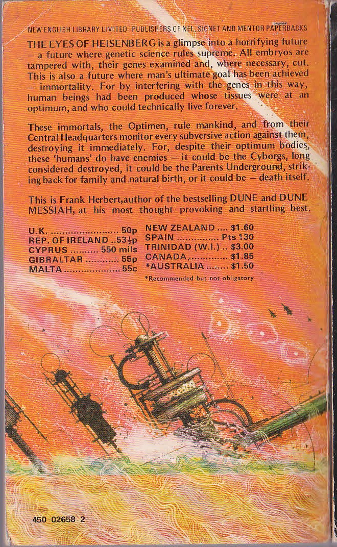 Frank Herbert  THE EYES OF HEISENBERG magnified rear book cover image