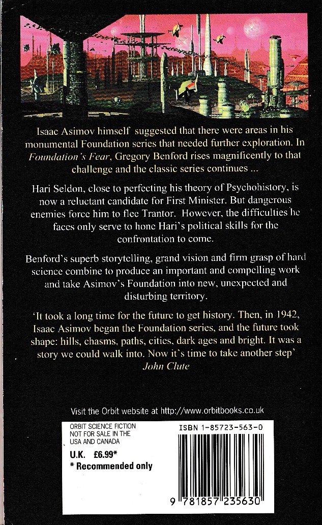 Gregory Benford  FOUNDATION'S FEAR magnified rear book cover image