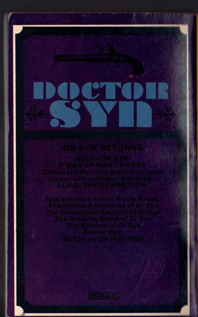 Russell Thorndike  DOCTOR SYN RETURNS magnified rear book cover image