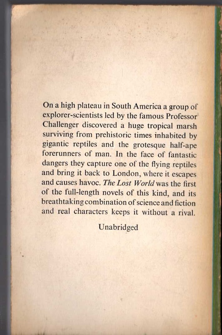 Sir Arthur Conan Doyle  THE LOST WORLD magnified rear book cover image