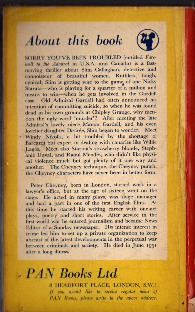 Peter Cheyney  SORRY YOU'VE BEEN TROUBLED magnified rear book cover image