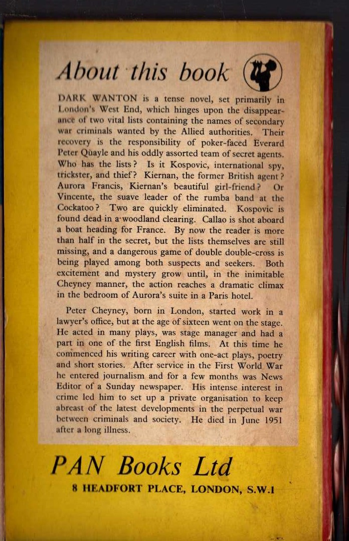 Peter Cheyney  DARK WANTON magnified rear book cover image