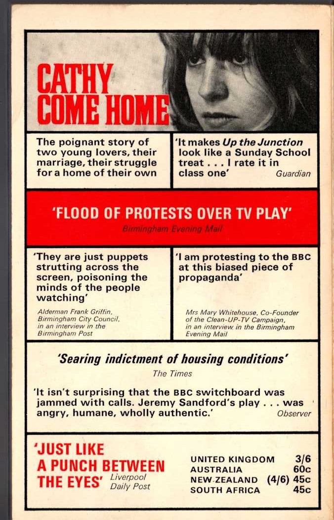 Jeremy Sandford  CATHY COME HOME (BBC TV) magnified rear book cover image