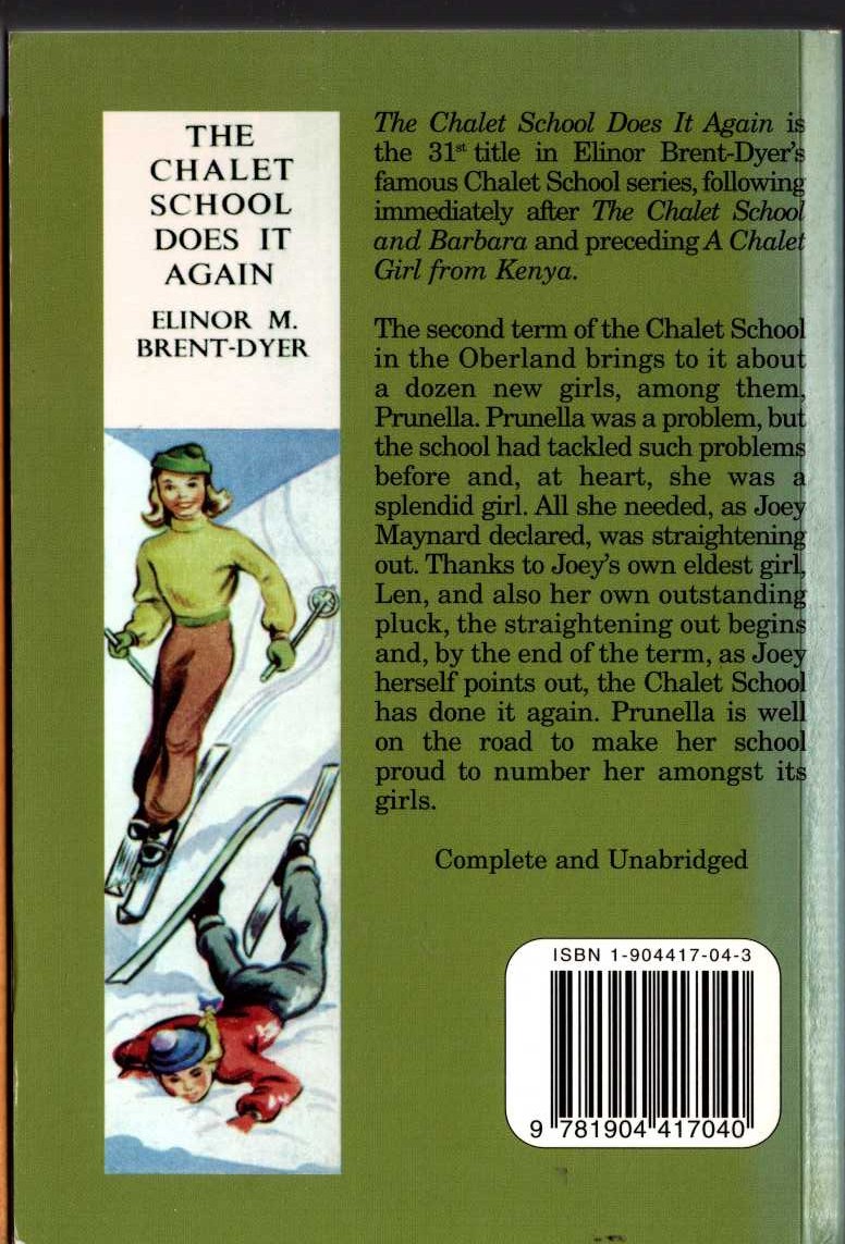 Elinor M. Brent-Dyer  THE CHALET SCHOOL DOES IT AGAIN magnified rear book cover image
