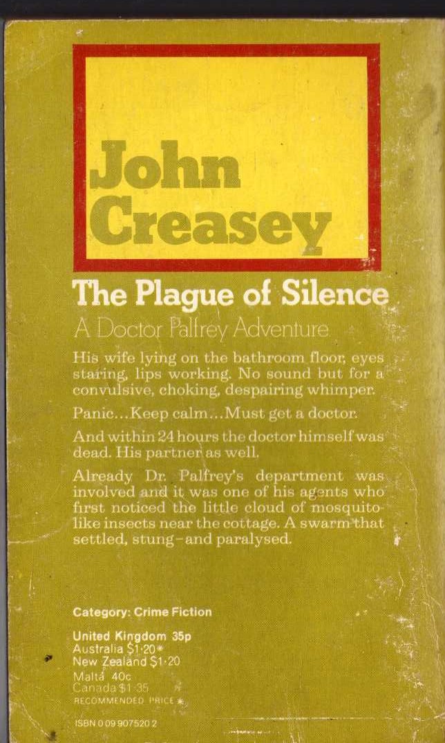 John Creasey  THE PLAGUE OF SILENCE (Doctor Palfrey) magnified rear book cover image