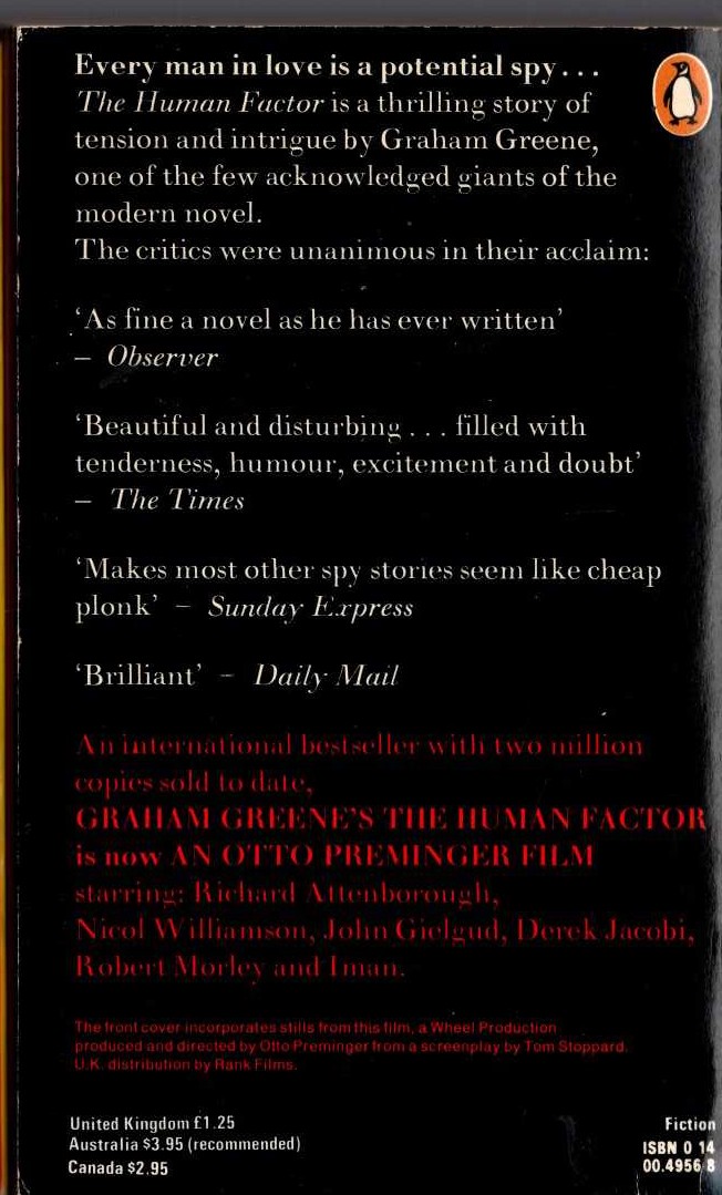Graham Greene  THE HUMAN FACTOR (Film tie-in) magnified rear book cover image