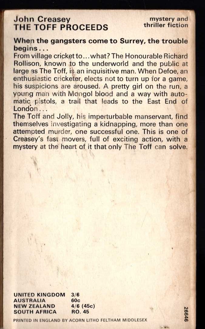 John Creasey  THE TOFF PROCEEDS magnified rear book cover image