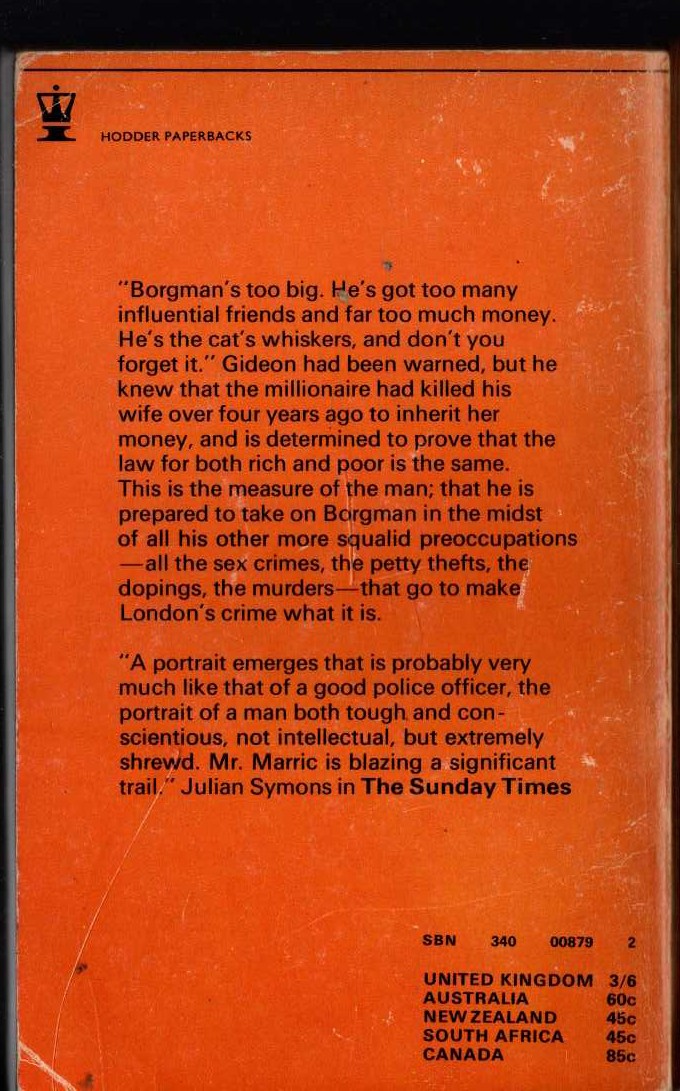 J.J. Marric  GIDEON'S RISK magnified rear book cover image