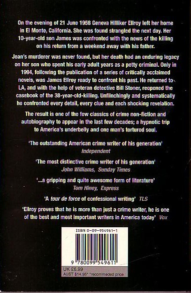 James Ellroy  MY DARK PLACES magnified rear book cover image