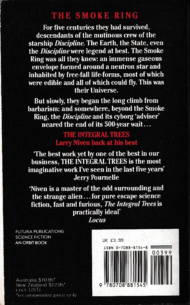Larry Niven  THE INTEGRAL TREES magnified rear book cover image
