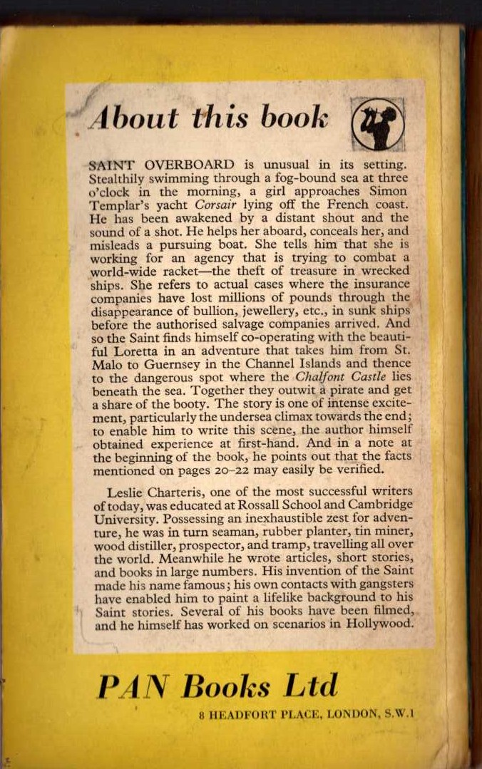 Leslie Charteris  SAINT OVERBOARD magnified rear book cover image