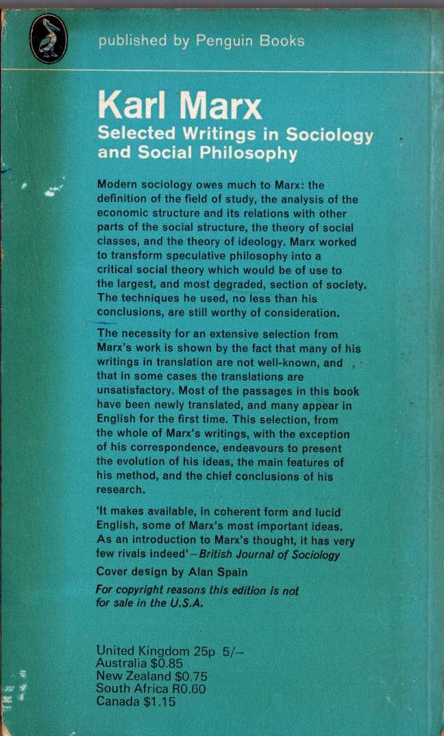 KARL MARX. Selected Writings in Sociology and Social Philosophy magnified rear book cover image
