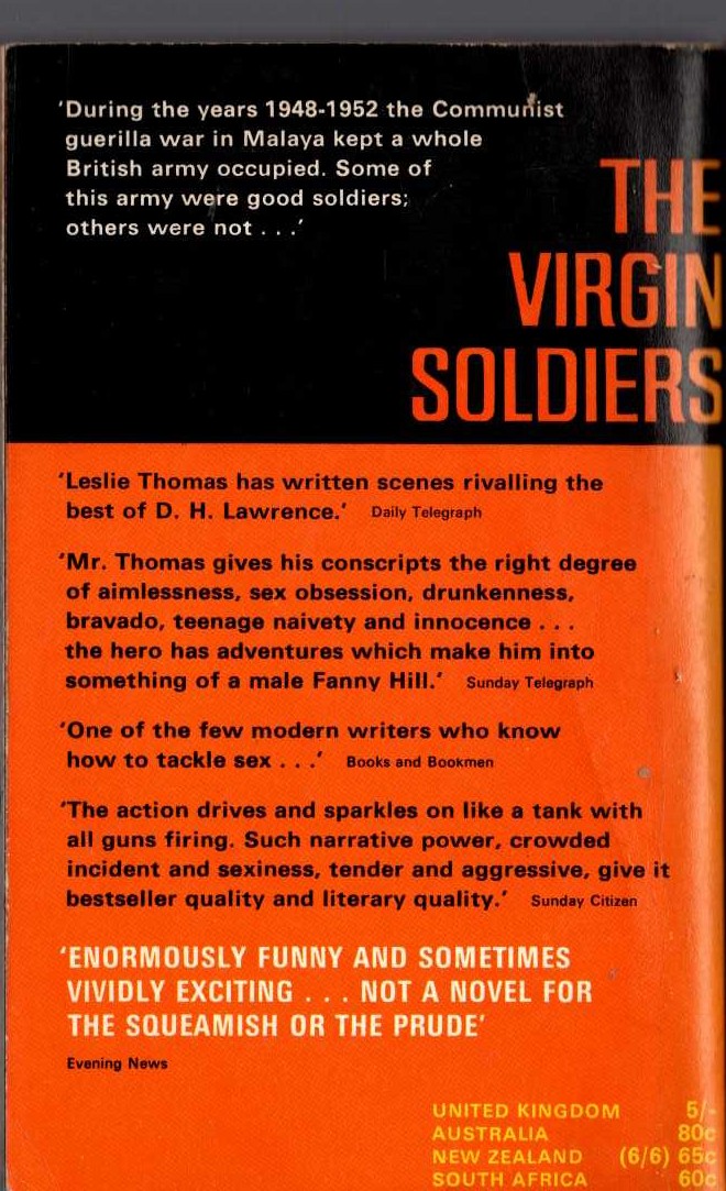 Leslie Thomas  THE VIRGIN SOLDIERS magnified rear book cover image
